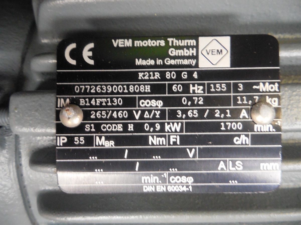 NEW VEM Motors K21R80G4 Three Phase Electric Motor 0.9kW 170