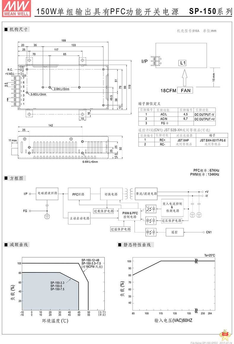 台湾明纬 SP-150-5 主动式PFC直流开关电源 150W/5V/30A三年保固 