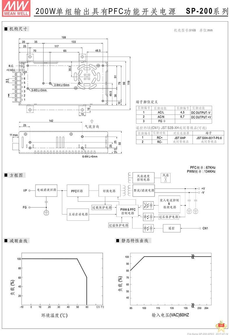 台湾明纬 SP-200-5 主动式PFC直流开关电源200W/5V/40A三年保固 