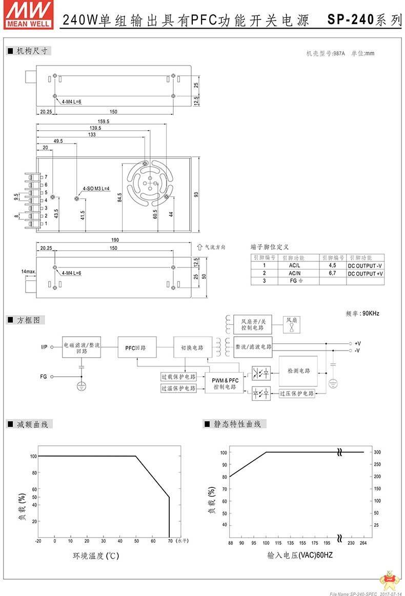 台湾明纬 SP-240-24 主动式PFC功能开关电源 240W 24V 10A 单路输出 
