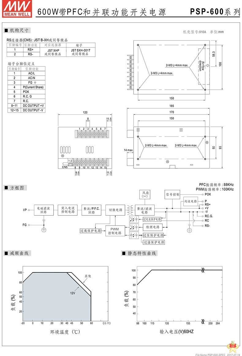 台湾明纬PSP-600-5主动式PFC并联功能开关电源400W/5V/80A 