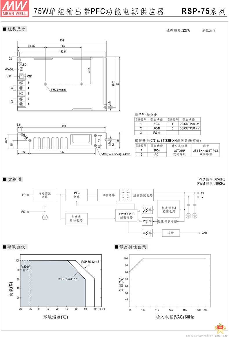 台湾明纬RSP-75-27开关电源75W/27V/2.8A超薄型带PFC功能电源 