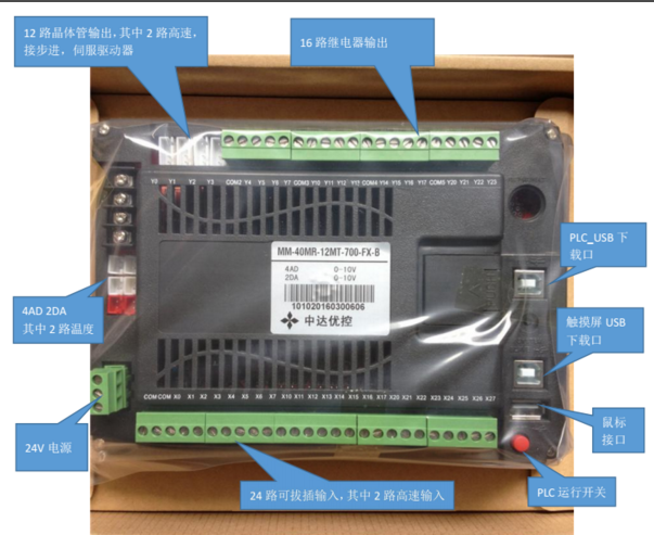中达优控PLC触摸屏一体机MM-40MR-12MT-700FX-C
