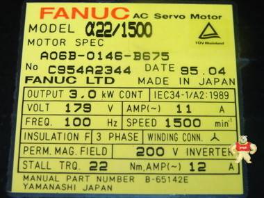 GE FANUC A06B-0146-B675 022/1500 SERVO MOTOR AC A22/1500 3KW 