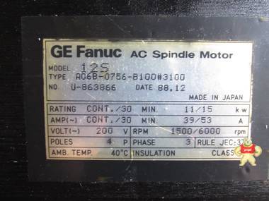 GE FANUC A06B-0756-B100 #3000 AC SPINDLE MOTOR 28/39A 1500/6 