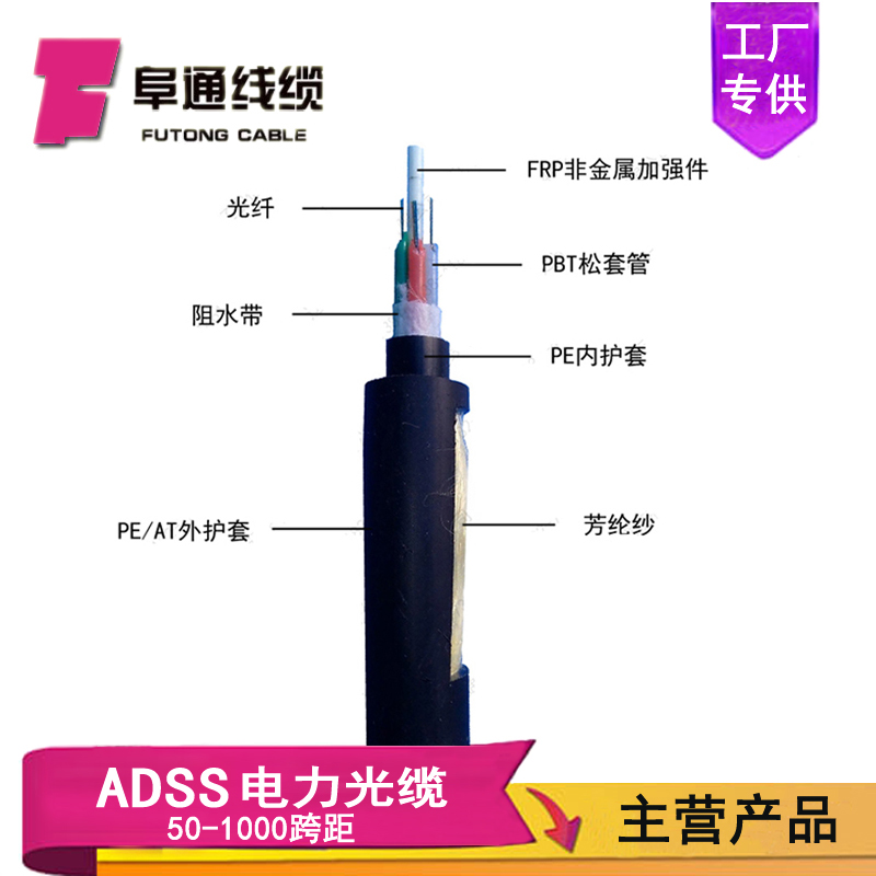室外非金属12芯ADSS光缆 100米跨电力光缆 全介质自承PE护套光纤