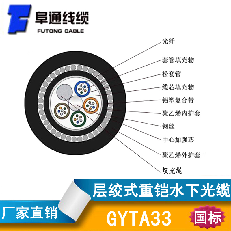 GYTA33-4b1.3通信光缆室外水下直埋光纤4芯钢丝铠装防水重铠光缆