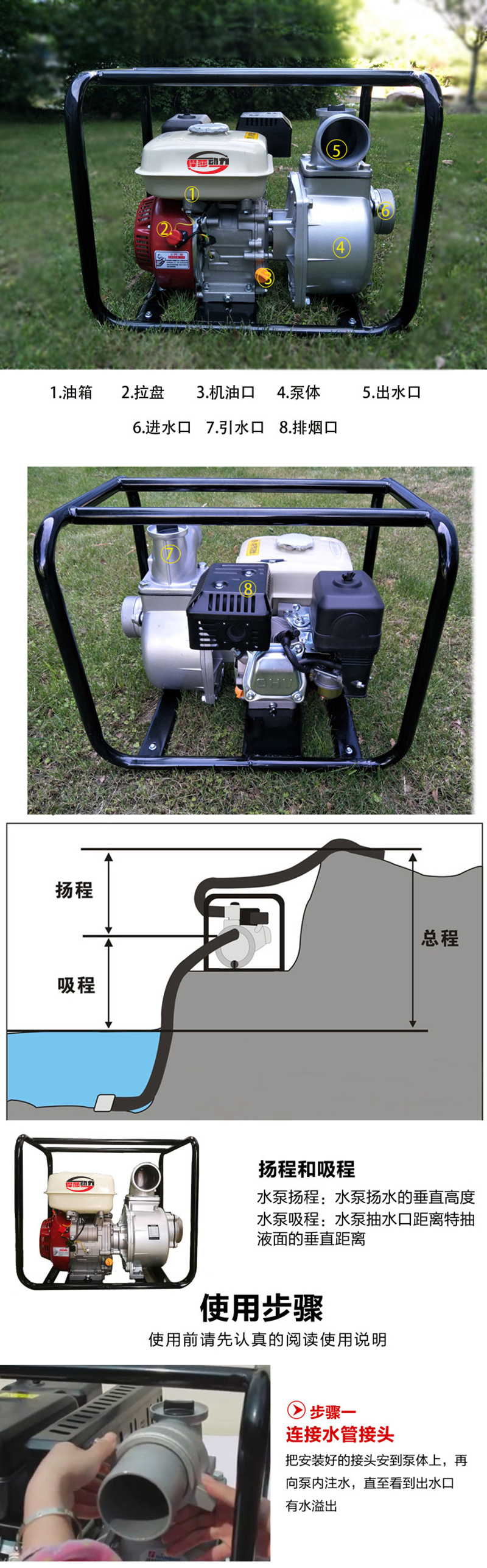 汽油抽水机农用小型2/3寸高扬程农田灌溉河道抽水离心泵4冲程水泵 悍莎