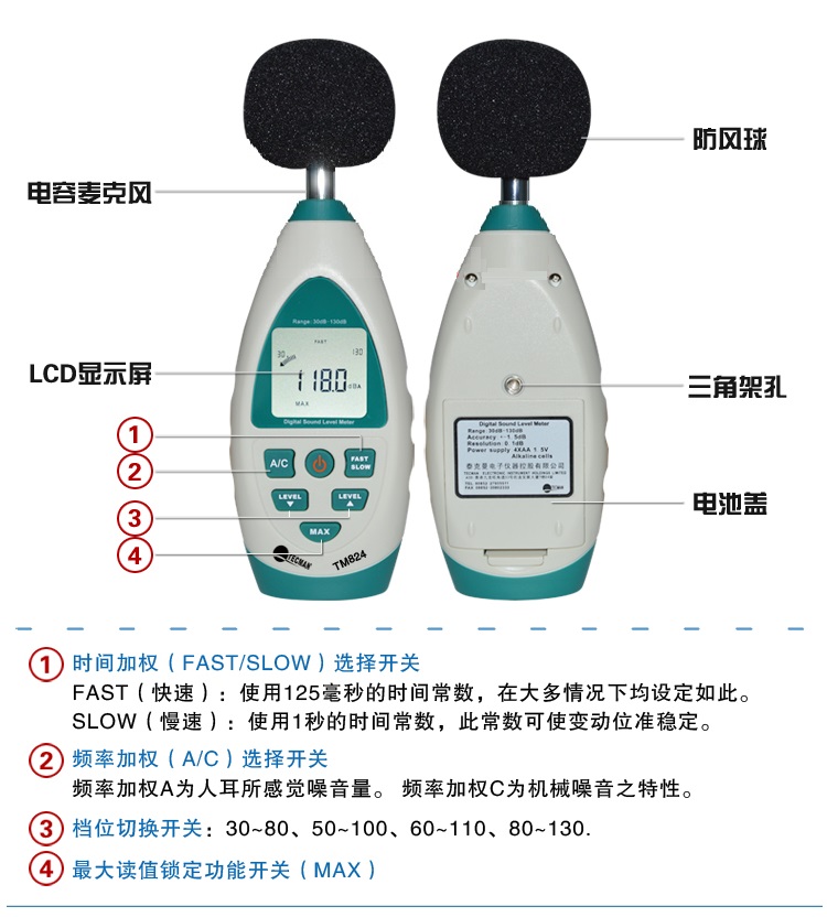 泰克曼TM834专业在线式数字分贝仪噪音计USB电脑通讯