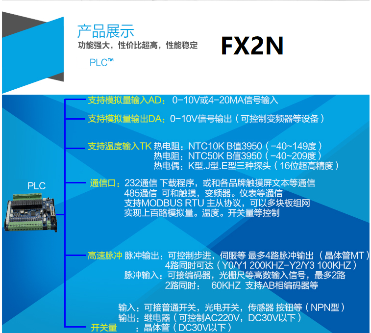 三菱PLC工控板国产14点单板式FX2N14MR-2AD-485模拟量温度 国产板式PLC,人机界面,触摸屏一体机,中达优控,触摸屏
