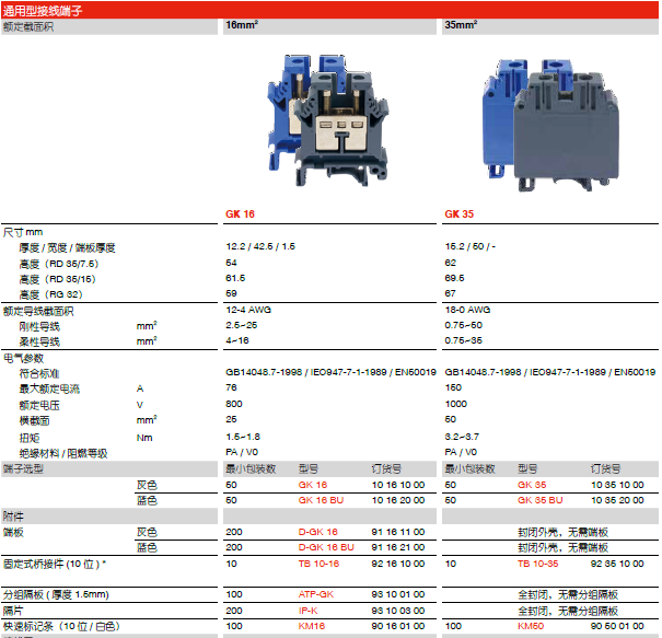 霍尼韦尔接线端子GK 16：通用型接线端子，额定截面积16mm2,灰色 GK,GK 16,接线端子,霍尼韦尔