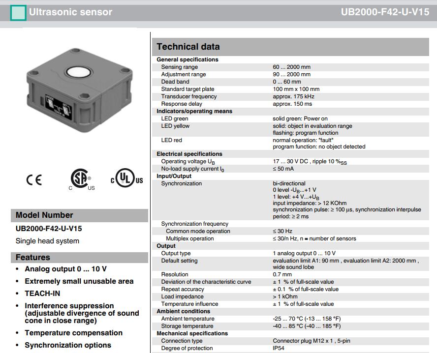 倍加福超声波传感器UB2000-F42-U-V15 