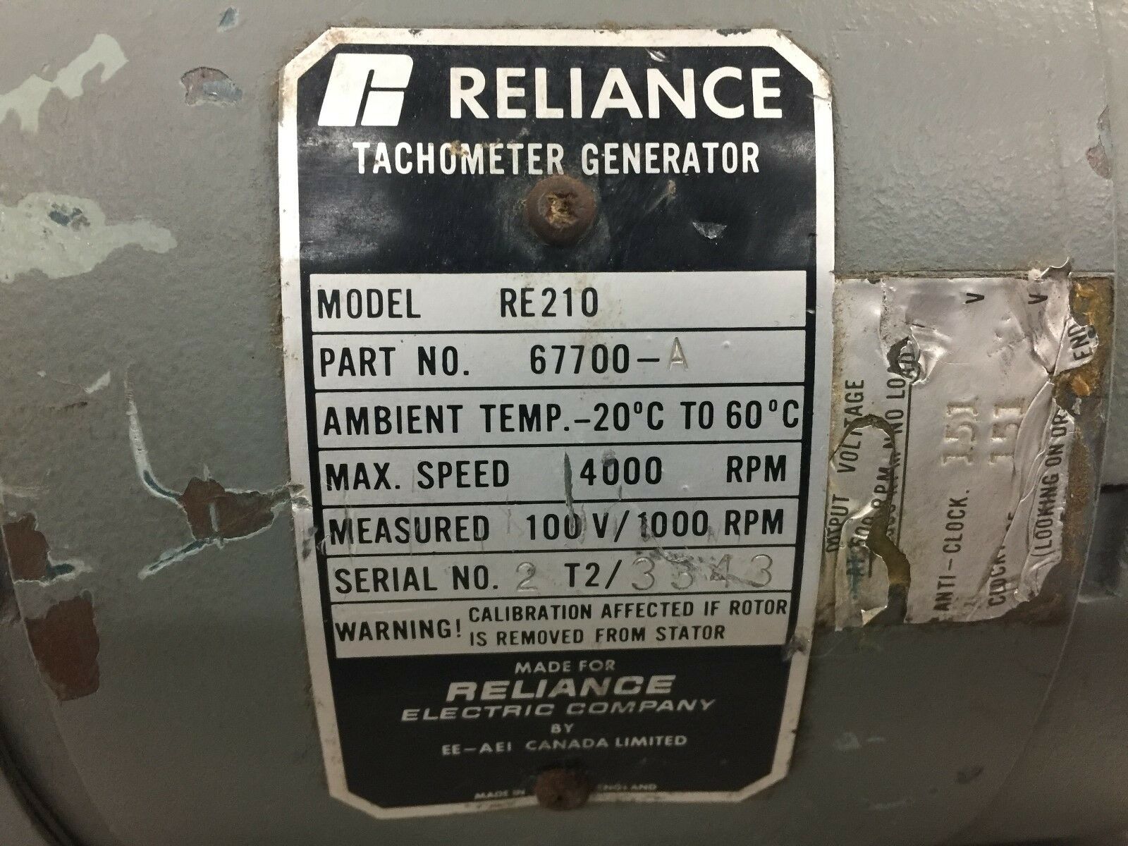 USED RELIANCE RE210 TACHOMETER GENERATOR 67700-A 
