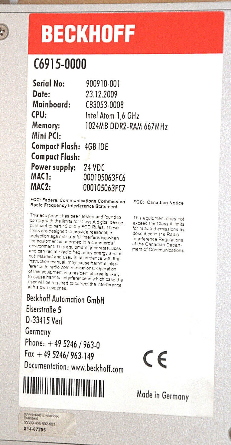 Beckhoff C6915-0000无风扇工业PC 