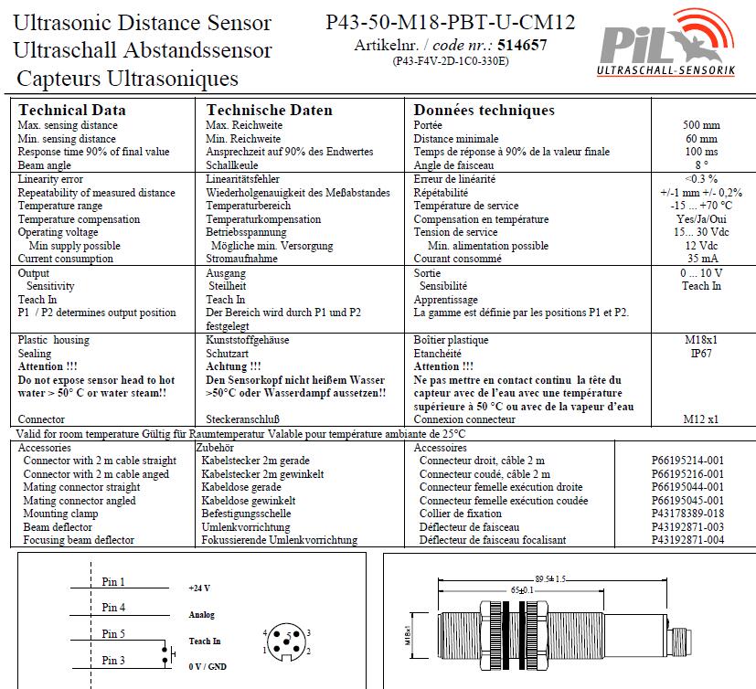 超声波传感器P43-50-M18-PBT-U-CM12 