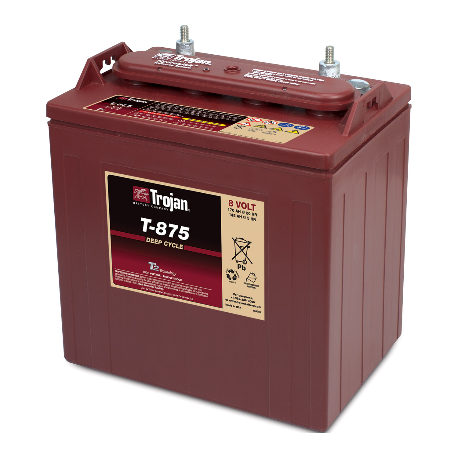 美国邱健Trojan蓄电池 T-875 8V170AH 牵引动力电池 用于高尔夫球车 扫地机 原装进口